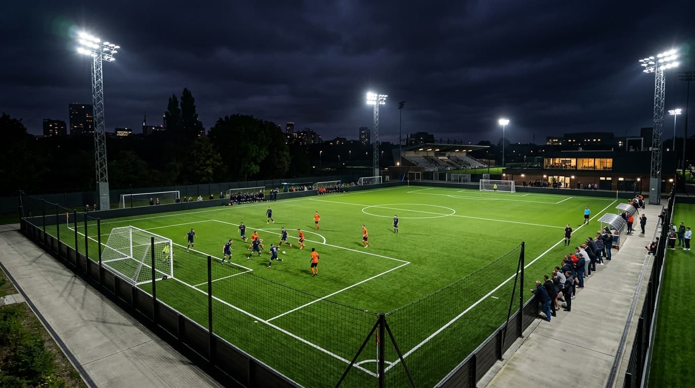 Cancha de fútbol 5 profesional iluminada de noche