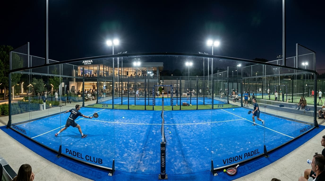 Cancha de pádel panorámica iluminada de noche